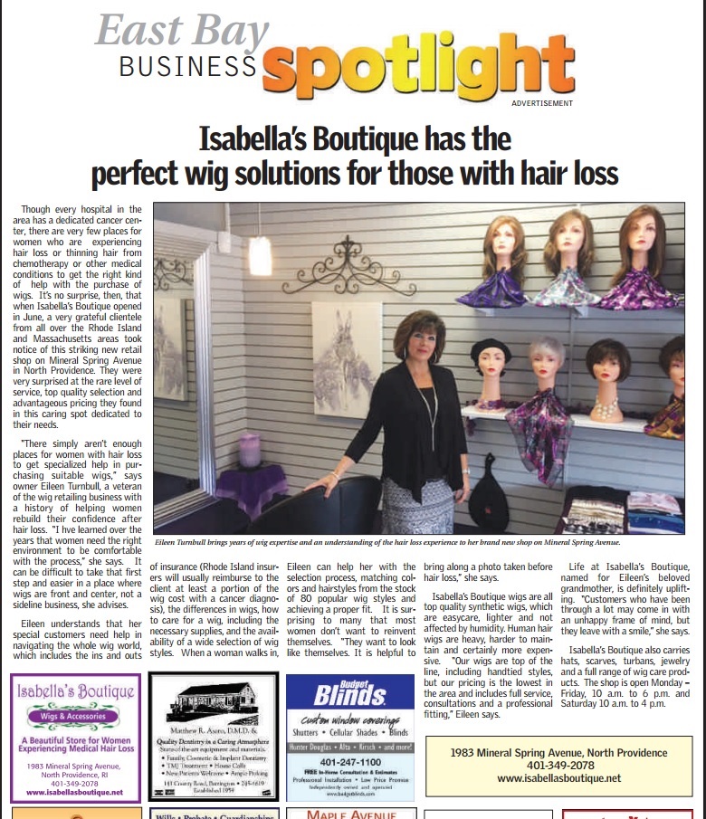 Warwick Beacon news articel about Isabella's Boutique a wig store in Rhode Island.